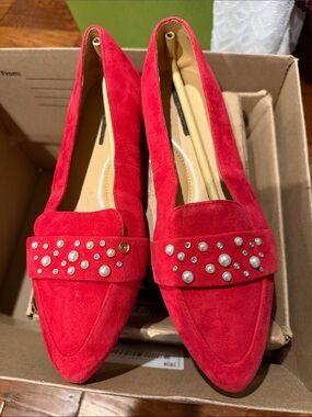 Talbots Red Suede Leather Pearl-Stud Loafers for Women